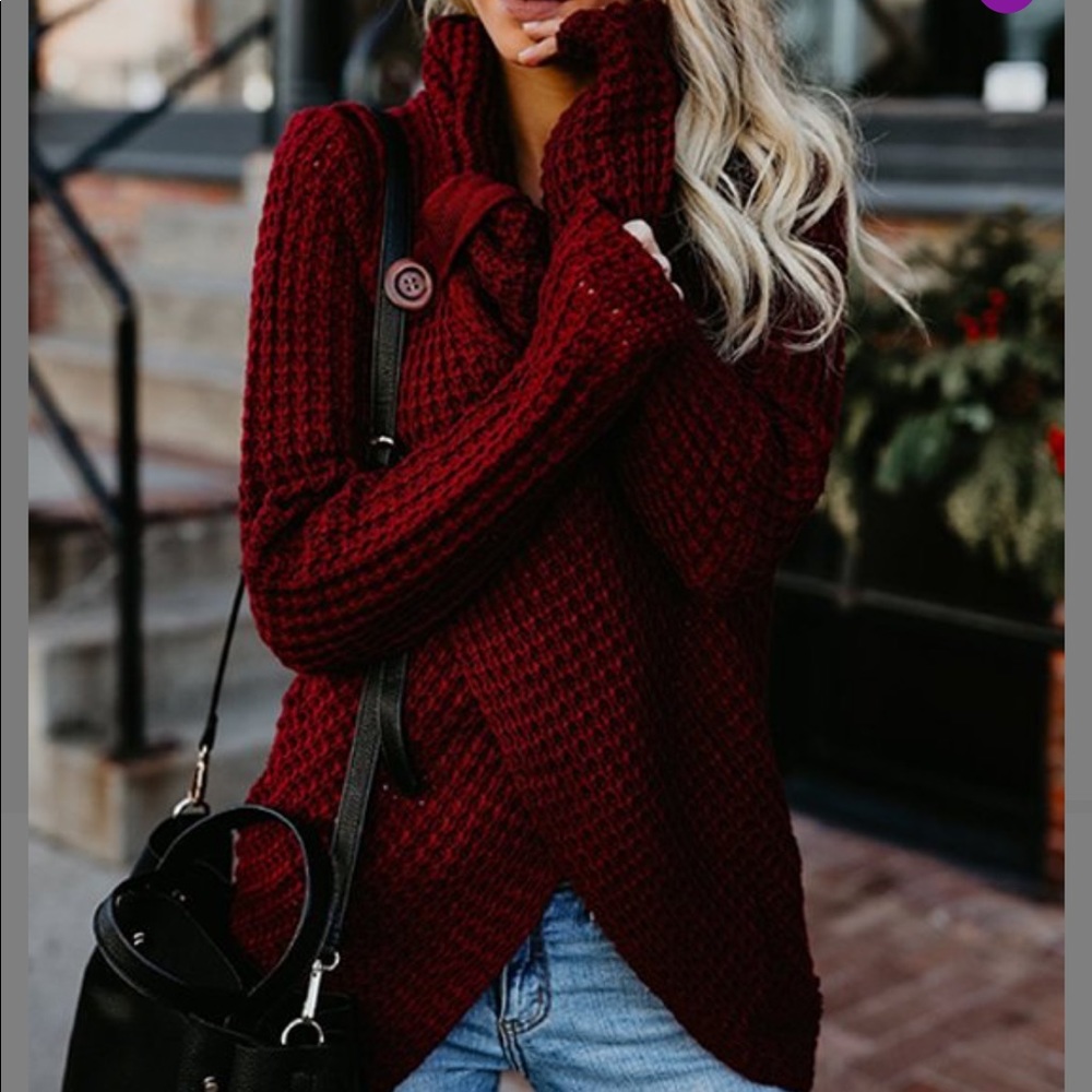 Red Button Front Cowl Neck Sweater